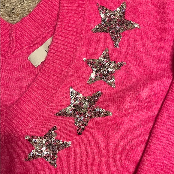 LOFT Pink V-Neck Sweater with Glitter Stars - Picture 2 of 6